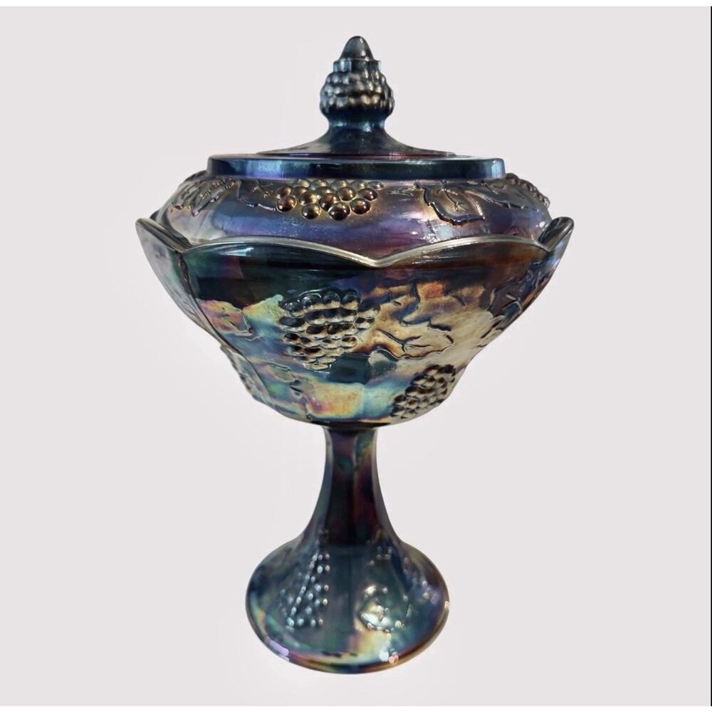 Vintage 1970s Blue Carnival Compote Lidded Harvest Grape Pedestal Indiana Glass